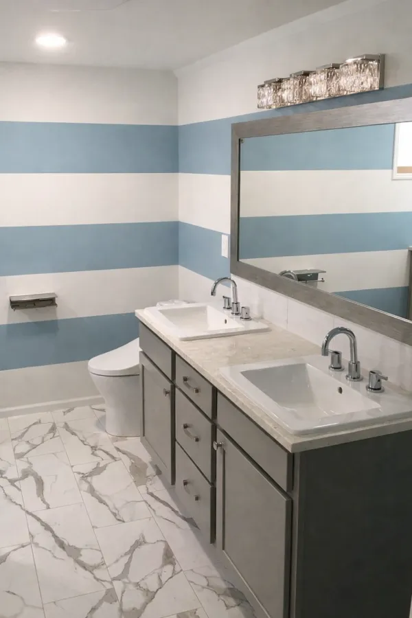 Basement remodel with bathroom double vanity and striped accent wall in northeast Portland home