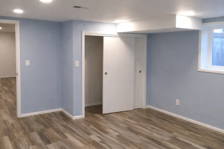 Finished basement living space with recessed lighting, closet, and wood-look flooring in a Portland home